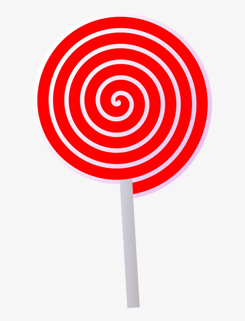 Red spiral lollipop on a white stick, cartoon-style candy illustration.