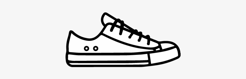 Black-and-white line drawing of a classic low-top canvas sneaker with laces, eyelets, and rubber toe cap.