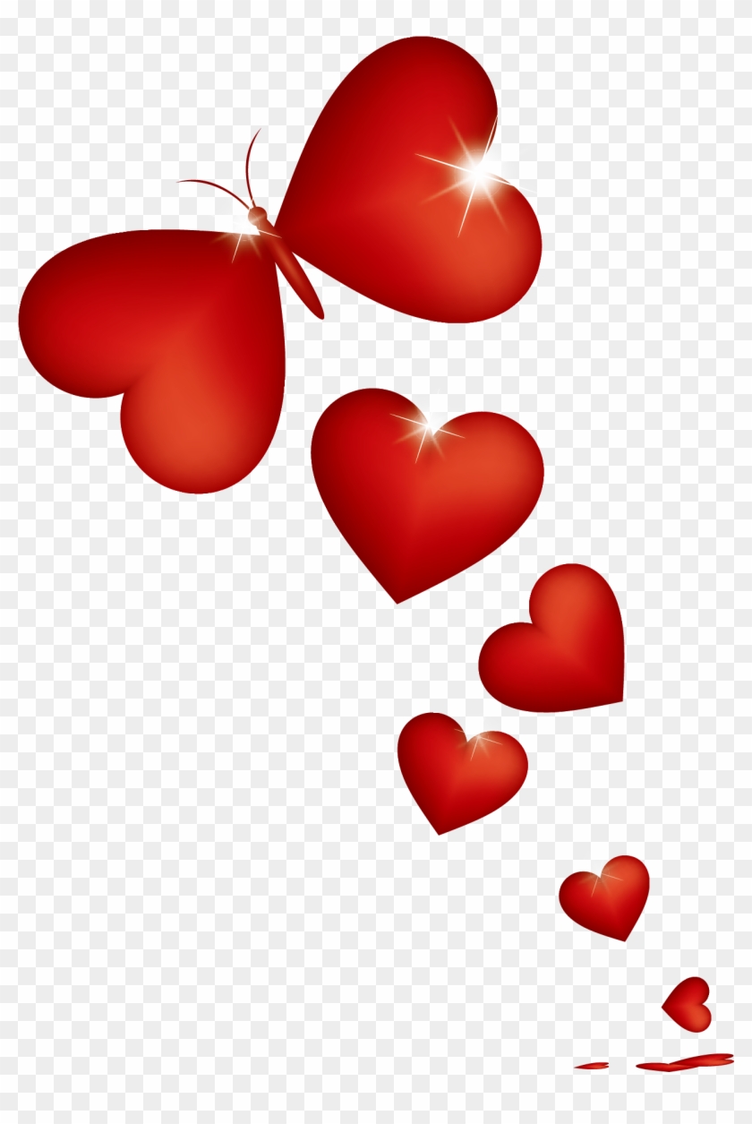 Red heart-shaped butterfly with sparkling hearts trailing downward on transparent background.