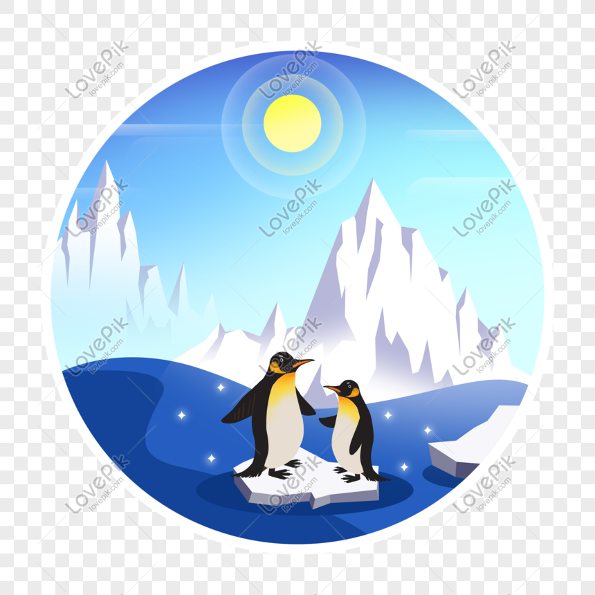 Two penguins standing on an ice floe under a bright sun, with snowy mountains and blue sea in the background.
