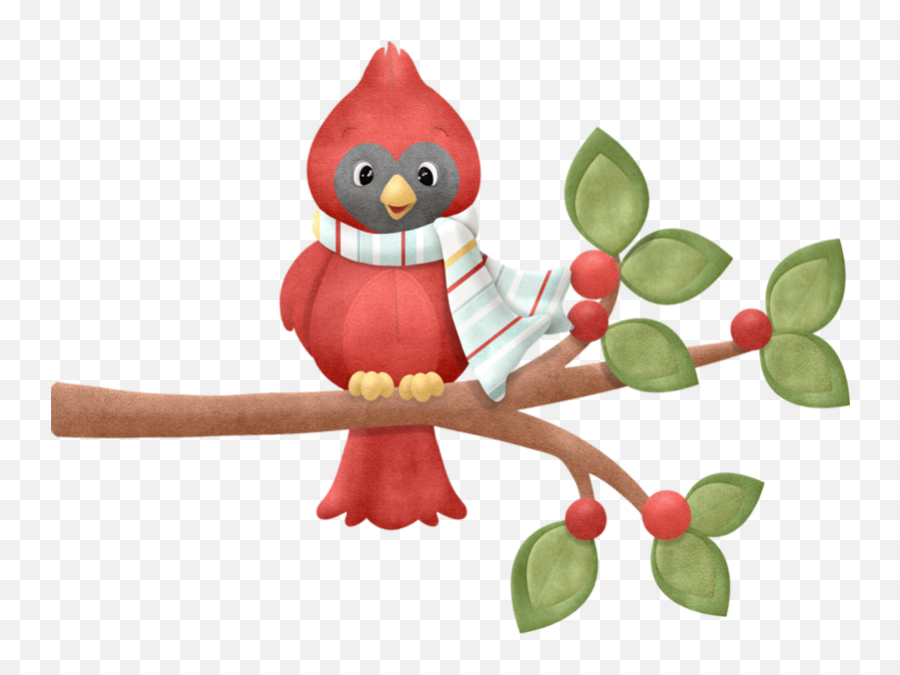 A cheerful red cardinal wearing a striped scarf perches on a berry-laden branch with green leaves.