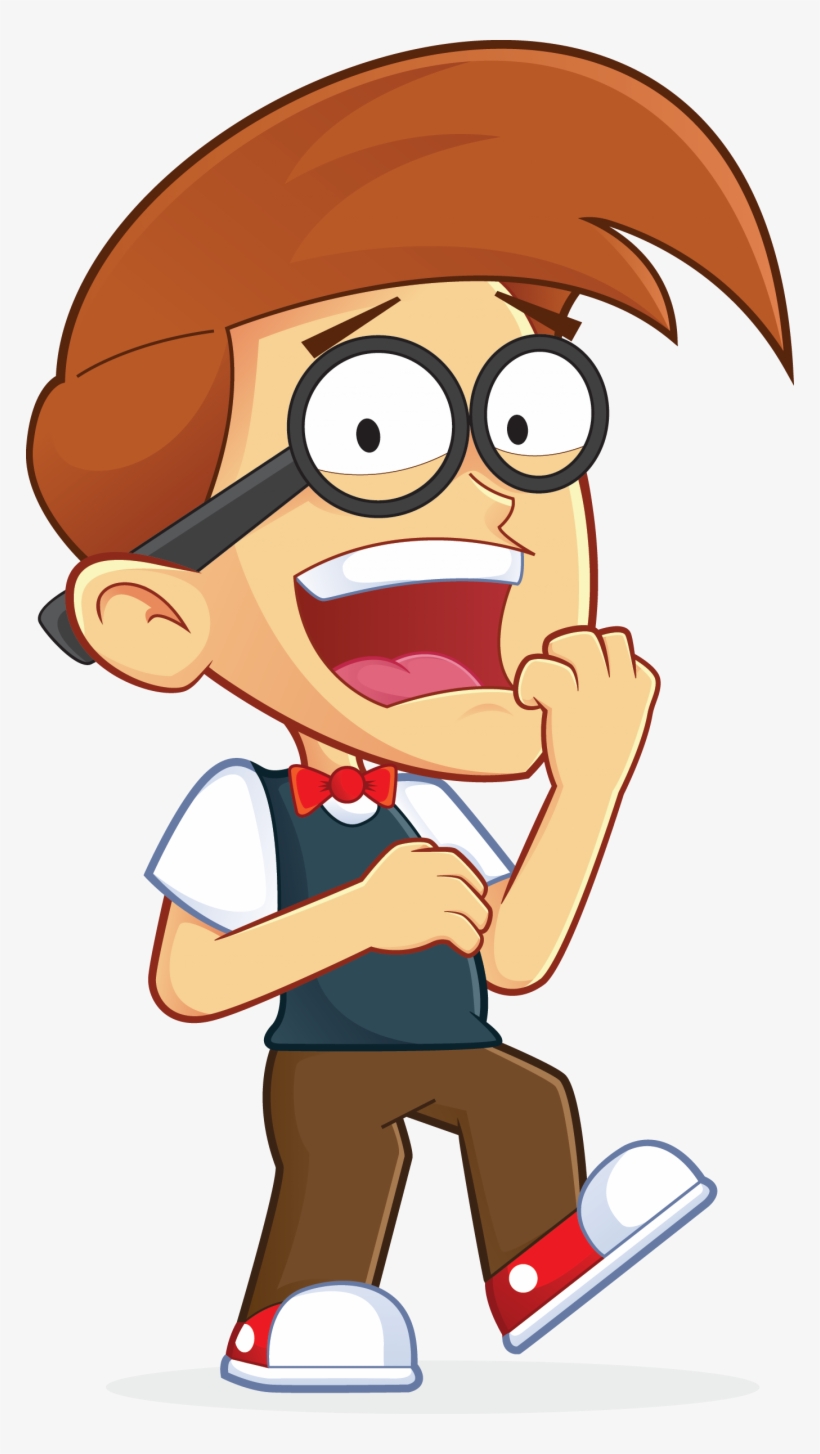 Animated boy with brown hair, oversized glasses, red bowtie, and excited expression, mid-stride in casual outfit.