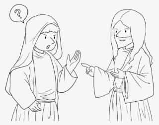 Two medieval-style figures in robes conversing; one gestures while the other points, with a question mark above the first’s head.