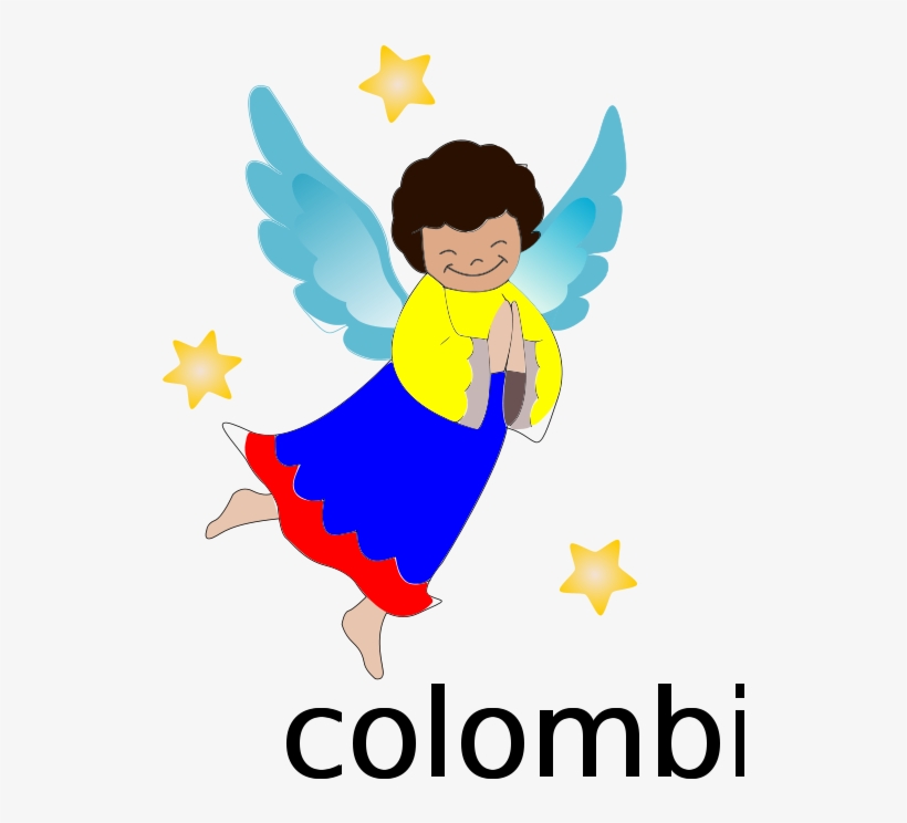 Smiling angel with blue wings, yellow top, blue-red skirt, and stars; text "colombi" below.