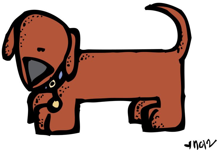 Cartoon-style brown dachshund with floppy ears, black collar, and raised tail, illustrated in bold outlines and speckled texture.