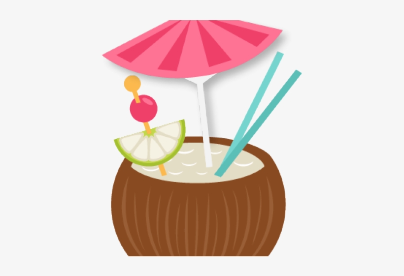 Tropical coconut cocktail with pink umbrella, lime wedge, cherry, and two straws.