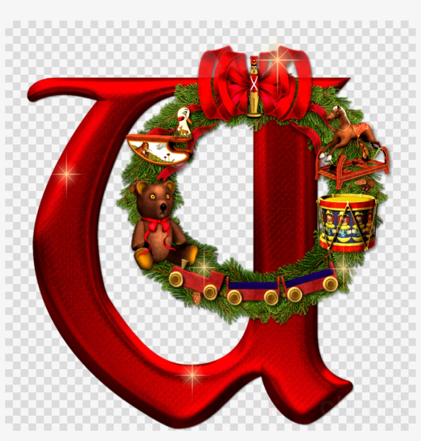 Festive red letter Q adorned with Christmas wreath, bow, teddy bear, toy train, drum, and nutcracker.