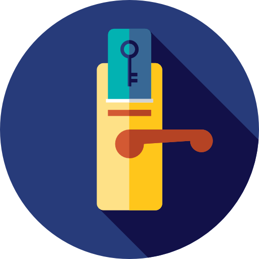 A flat-design icon showing a key inserted into a door handle, symbolizing access, security, or unlocking.