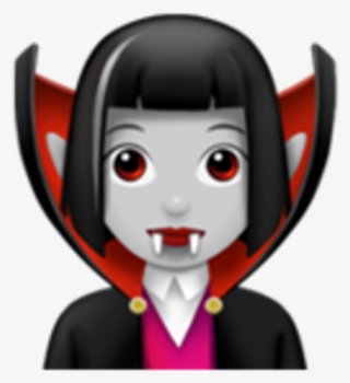 Animated female vampire emoji with black hair, red eyes, fangs, and a cape.