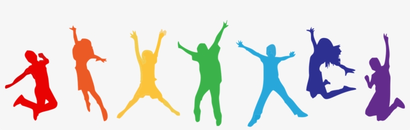 Seven colorful silhouettes of people jumping joyfully in a rainbow sequence.