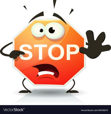 Animated stop sign character with wide eyes, open mouth, and raised hands expressing alarm or urgency.