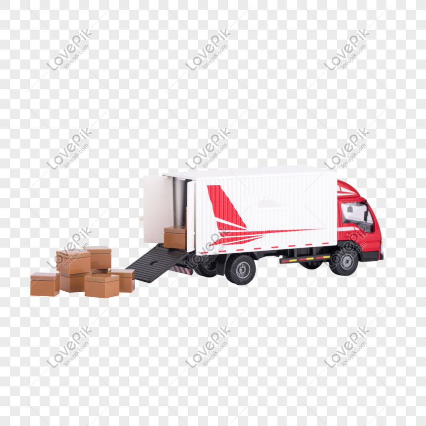 Red and white delivery truck with open rear ramp unloading brown cardboard boxes on transparent background.