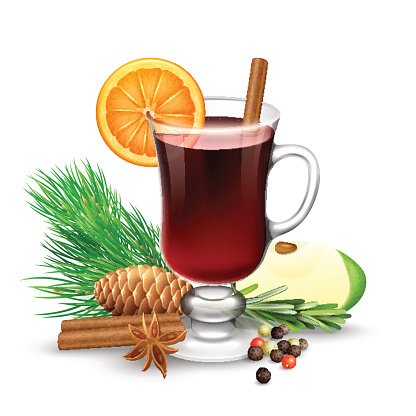 A steaming mug of mulled wine garnished with orange slice and cinnamon stick, surrounded by pine sprigs, apple, star anise, cloves, and peppercorns.