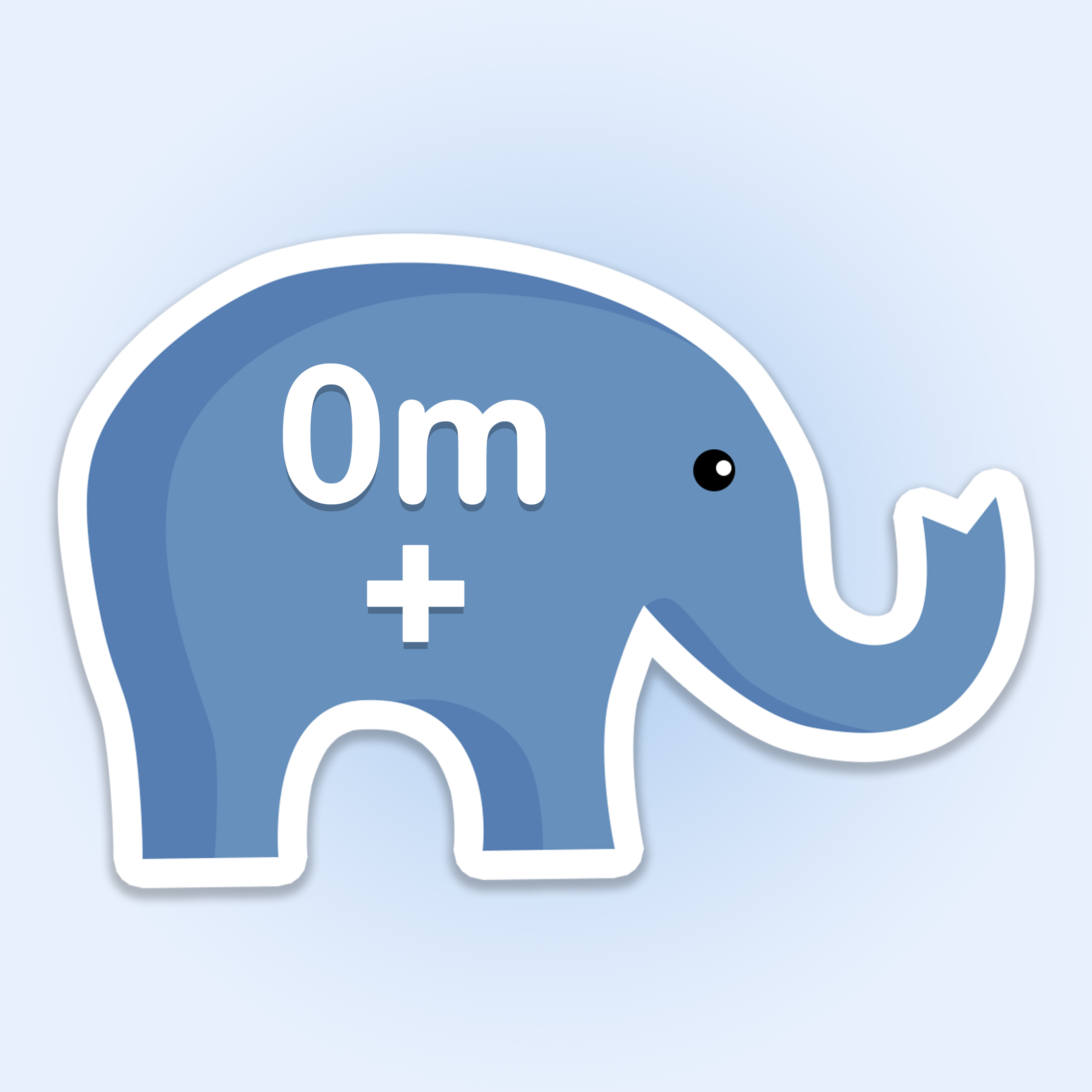 Blue cartoon elephant with "0m +" text on its side, representing zero-meter plus distance or measurement concept.