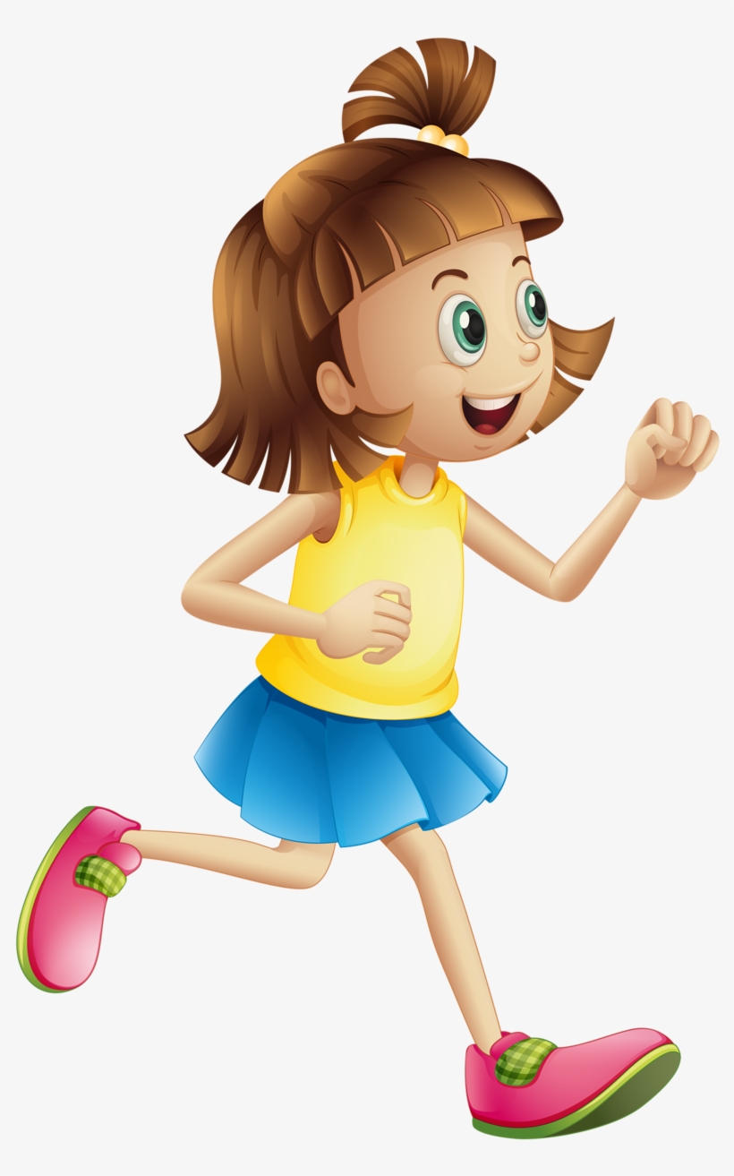 Happy cartoon girl with brown hair in a ponytail, wearing yellow top and blue skirt, running energetically in pink shoes.