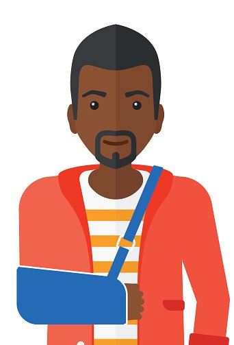 Black man with beard wearing orange jacket, striped shirt, and blue arm sling for broken arm injury.
