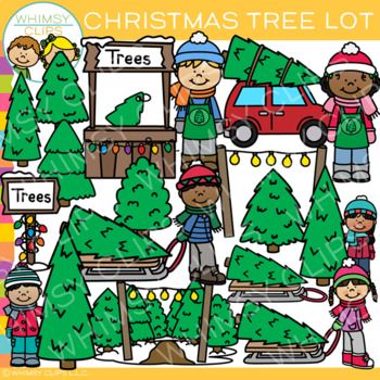 Whimsical cartoon illustration of children at a Christmas tree lot selecting and loading trees onto sleds and cars.