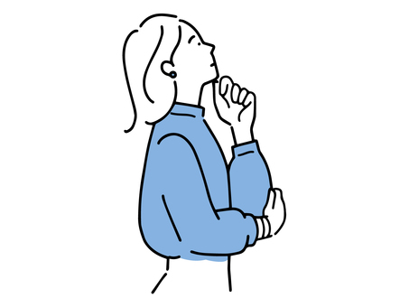 A woman in profile, wearing a blue sweater, thoughtfully resting her chin on her hand while gazing upward.