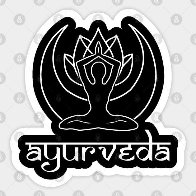 Black-and-white Ayurveda logo featuring a meditating figure within a lotus and crescent moon, with "ayurveda" script below.