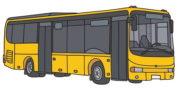 Yellow articulated city bus with black windows and open doors, side view illustration.