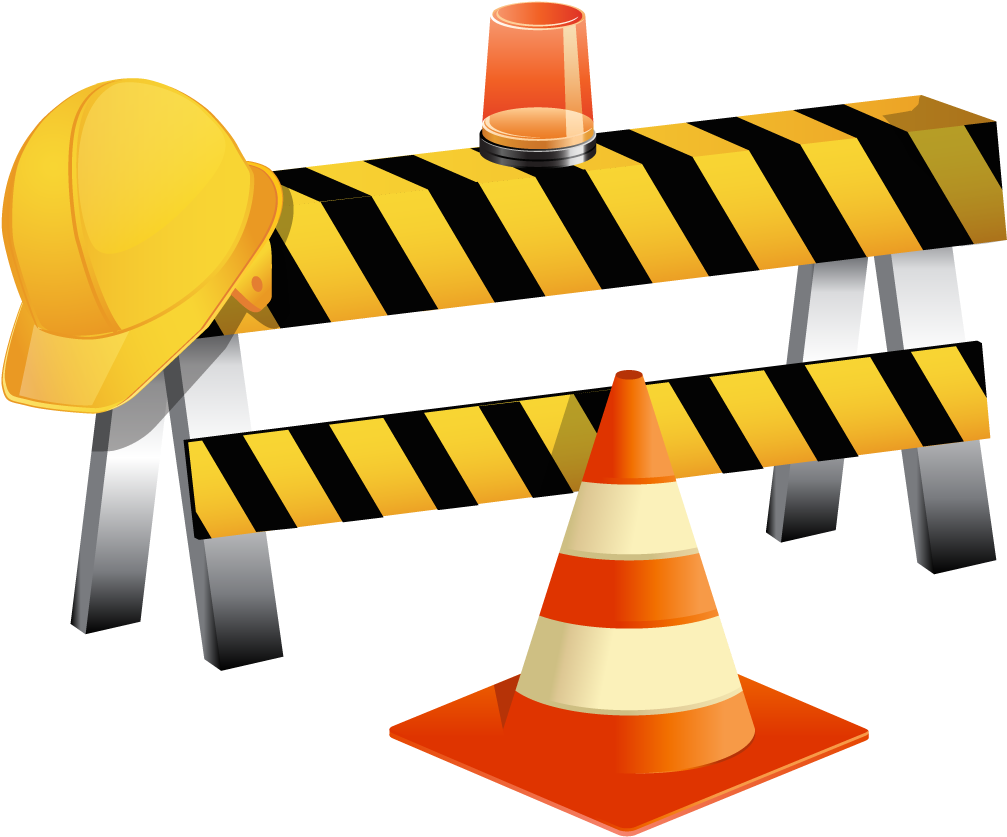 Yellow hard hat, striped barricade with orange warning light, and traffic cone on black background.