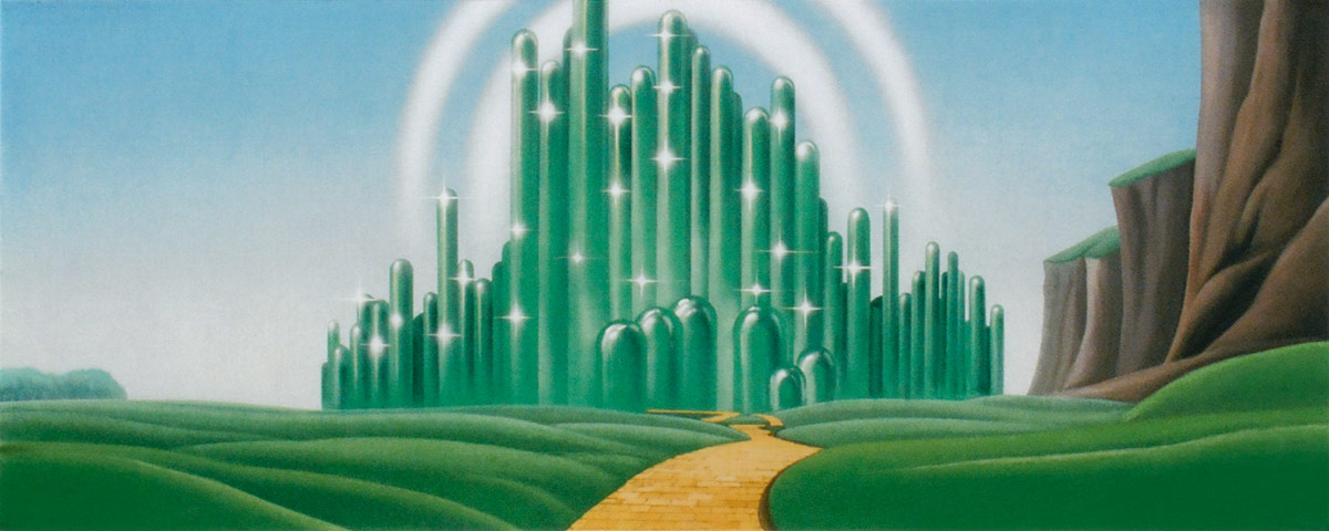 A golden brick road winds through lush green hills toward a shimmering emerald city under a glowing archway.