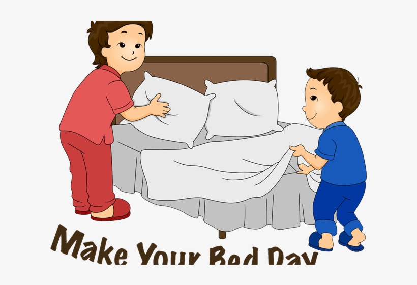 A smiling adult and child in pajamas making a bed together with white linens and pillows.