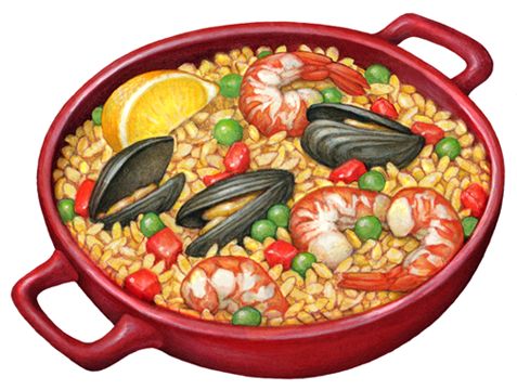 Vibrant seafood paella in a red ceramic dish with shrimp, mussels, peas, tomatoes, and lemon wedge.