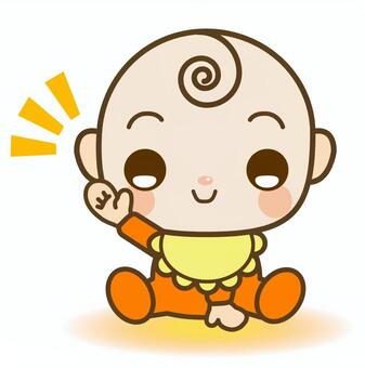 Cute cartoon baby sitting, waving with a cheerful smile and spiral hair tuft.