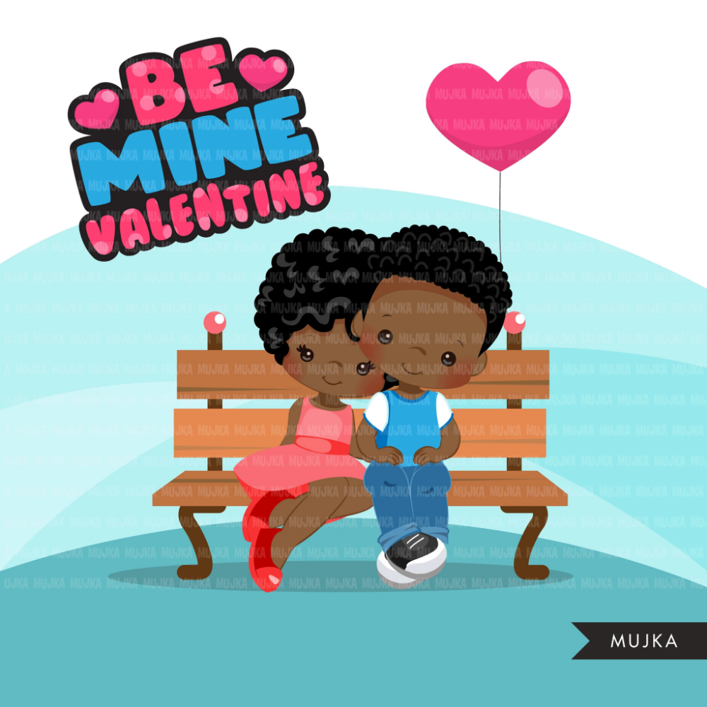 Black couple sitting on a bench with "Be Mine Valentine" text and heart balloon.