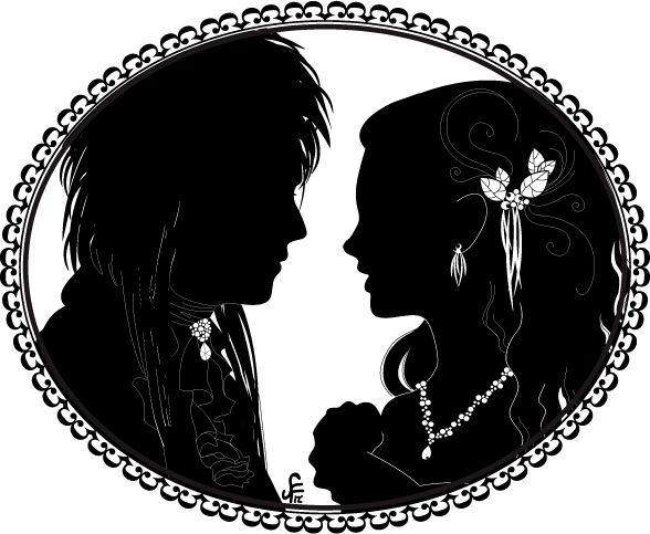 Silhouette cameo of a romantic couple facing each other, adorned with floral hairpiece and jewelry, in ornate oval frame.