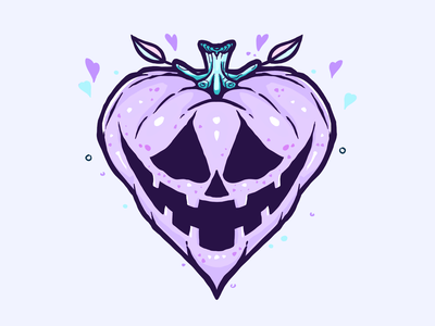A heart-shaped purple jack-o'-lantern with a smiling carved face, teal stem, and floating hearts around it.