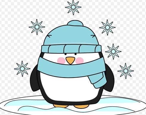 Cute cartoon penguin wearing a blue winter hat and scarf, surrounded by snowflakes on icy ground.
