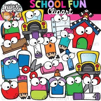 Colorful cartoon school supplies and vehicles with googly eyes, labeled "School Fun Clipart"