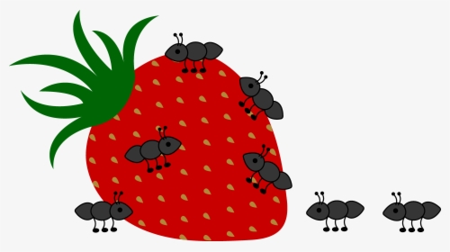 A cartoon strawberry with green leaves and several black ants crawling on and around it.