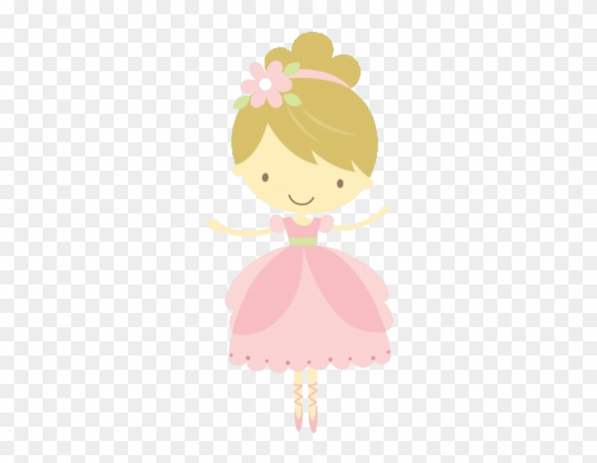 Cute cartoon ballerina girl in pink tutu with flower in hair, dancing on toes.