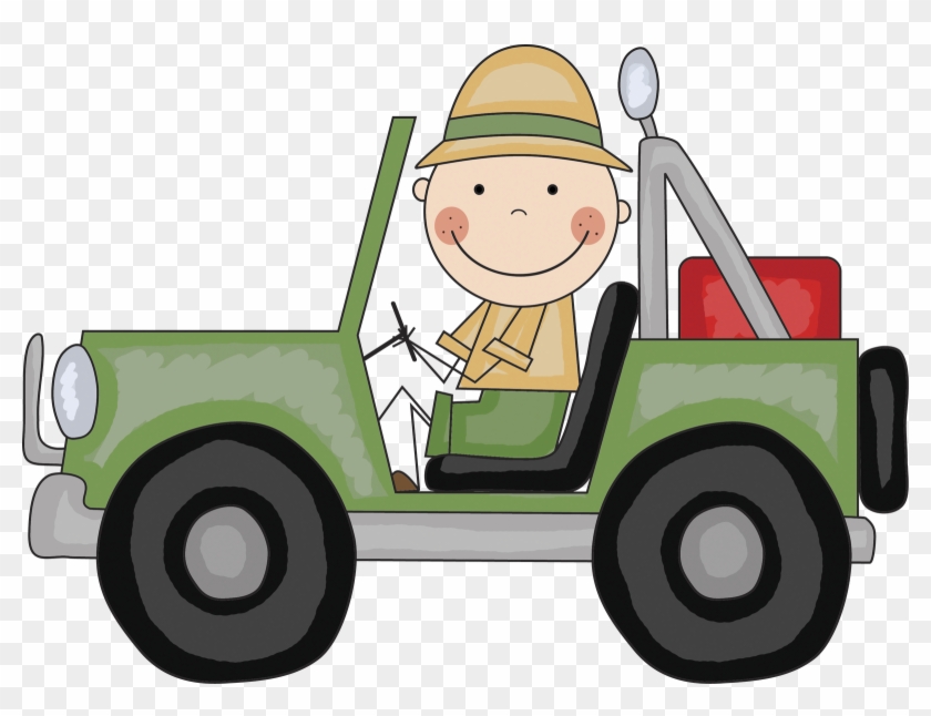 Smiling cartoon explorer in a green open-top jeep wearing a safari hat and holding the steering wheel.