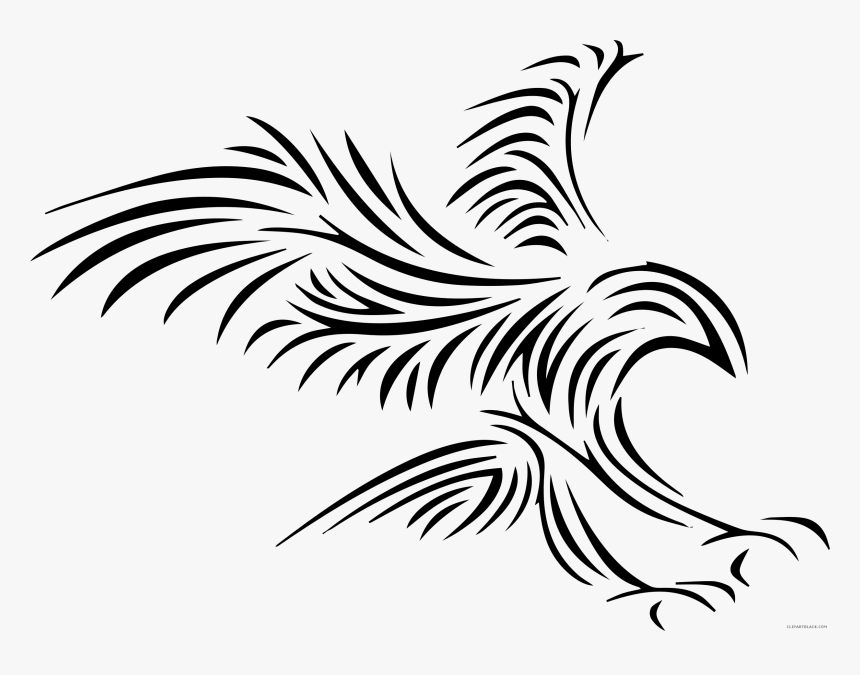 Tribal-style black-and-white eagle in flight with outstretched wings and sharp talons, rendered in bold linework.