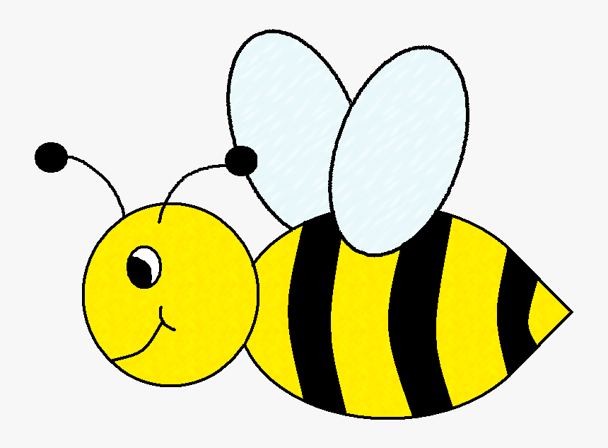 Friendly cartoon bee with yellow and black stripes, smiling face, and translucent wings.