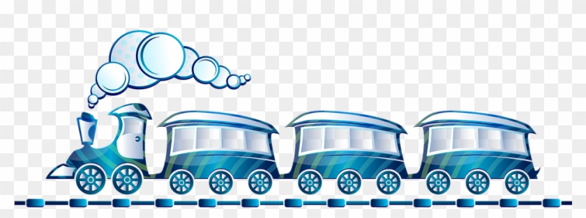 Blue cartoon steam train with three passenger cars and bubble-like smoke on tracks.