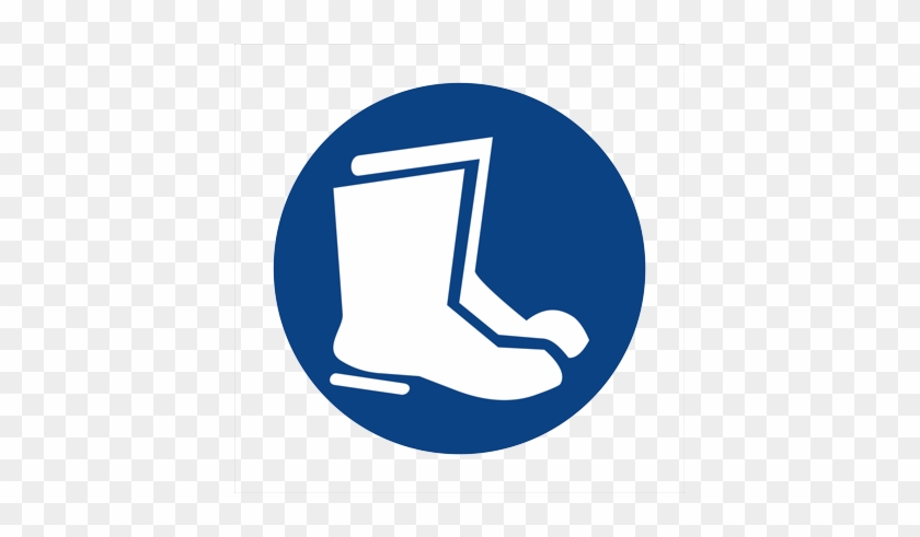 Blue circular safety sign with white icon of a protective boot, indicating mandatory footwear.