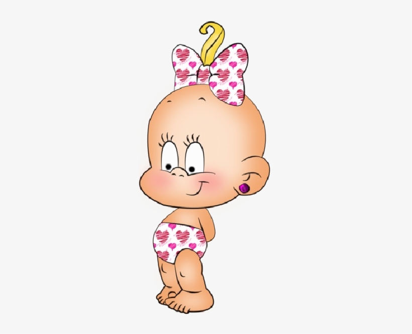 Cute cartoon baby girl with pink heart-patterned bow and diaper, smiling sideways.