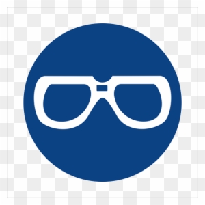 Blue circular icon with white 3D glasses symbol on transparent background.