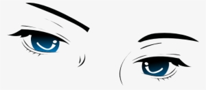 Illustration of two expressive blue eyes with black eyebrows and eyelashes on a white background.