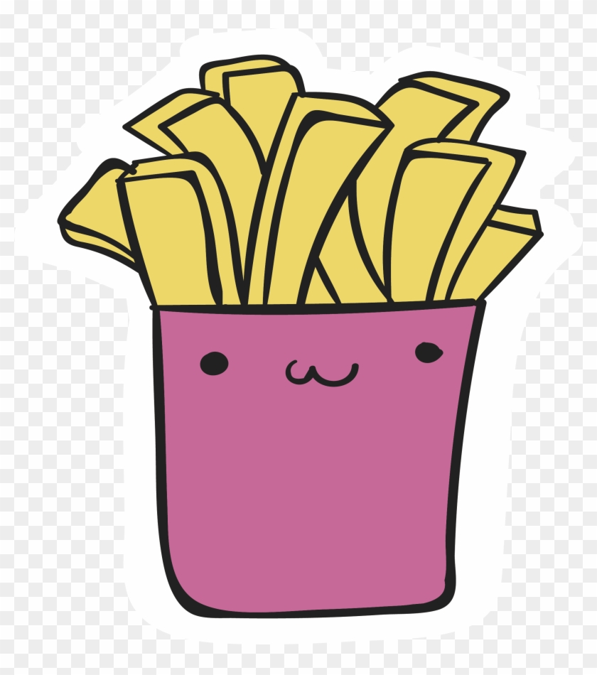 Cute kawaii-style french fries in a smiling pink container with black outline, on transparent background.