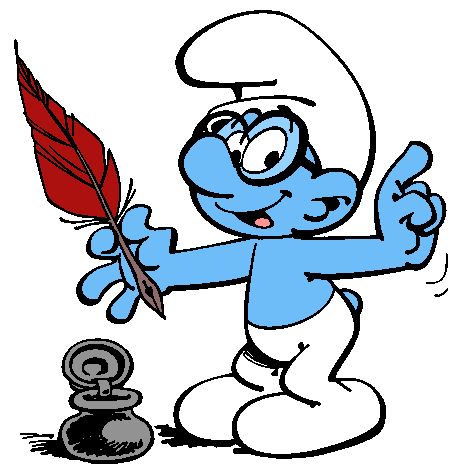 A blue Smurf with glasses holds a red quill pen, gesturing beside an inkwell, ready to write.