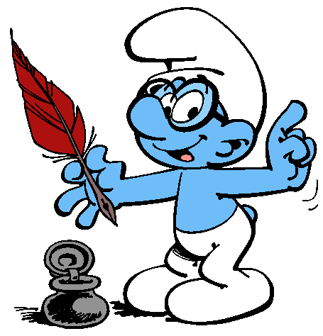 A Smurf with glasses holds a red quill pen and gestures while sitting beside an inkwell.
