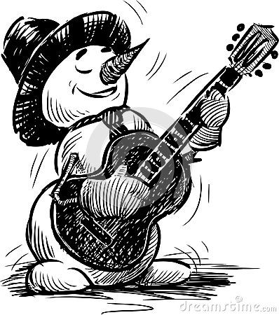 Cheerful snowman wearing a top hat, strumming an acoustic guitar with motion lines indicating joyful play.