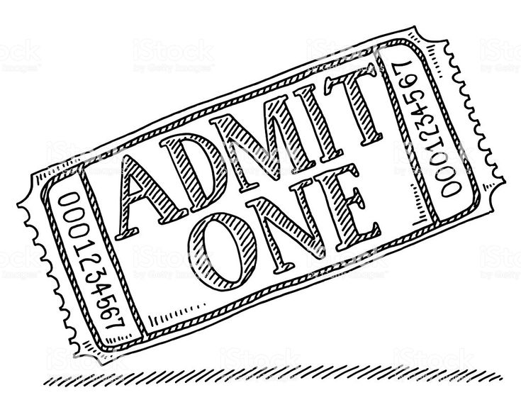 Hand-drawn "Admit One" ticket illustration with serial numbers and perforated edges.