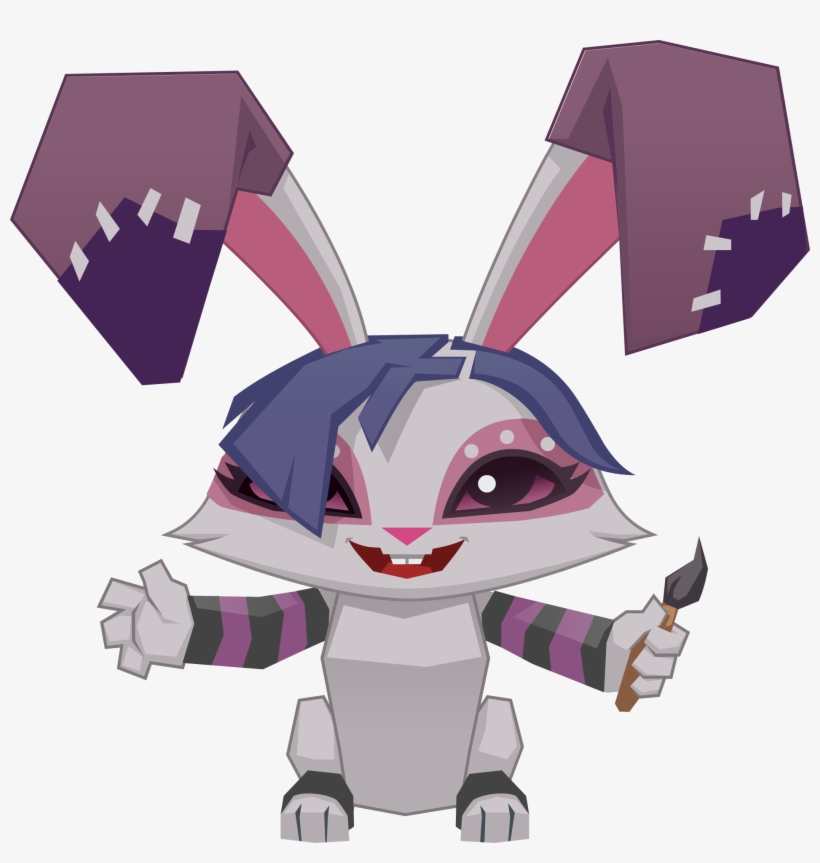 A stylized cartoon rabbit with purple-tipped ears, blue hair, striped arms, and a paintbrush in hand, smiling mischievously.